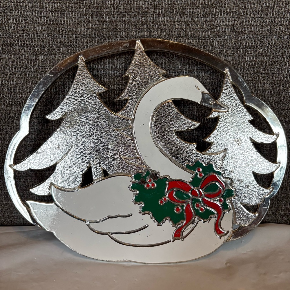 William A. Rogers Silver Plated Enamel Christmas Holiday Swan Trivet Hot Plate